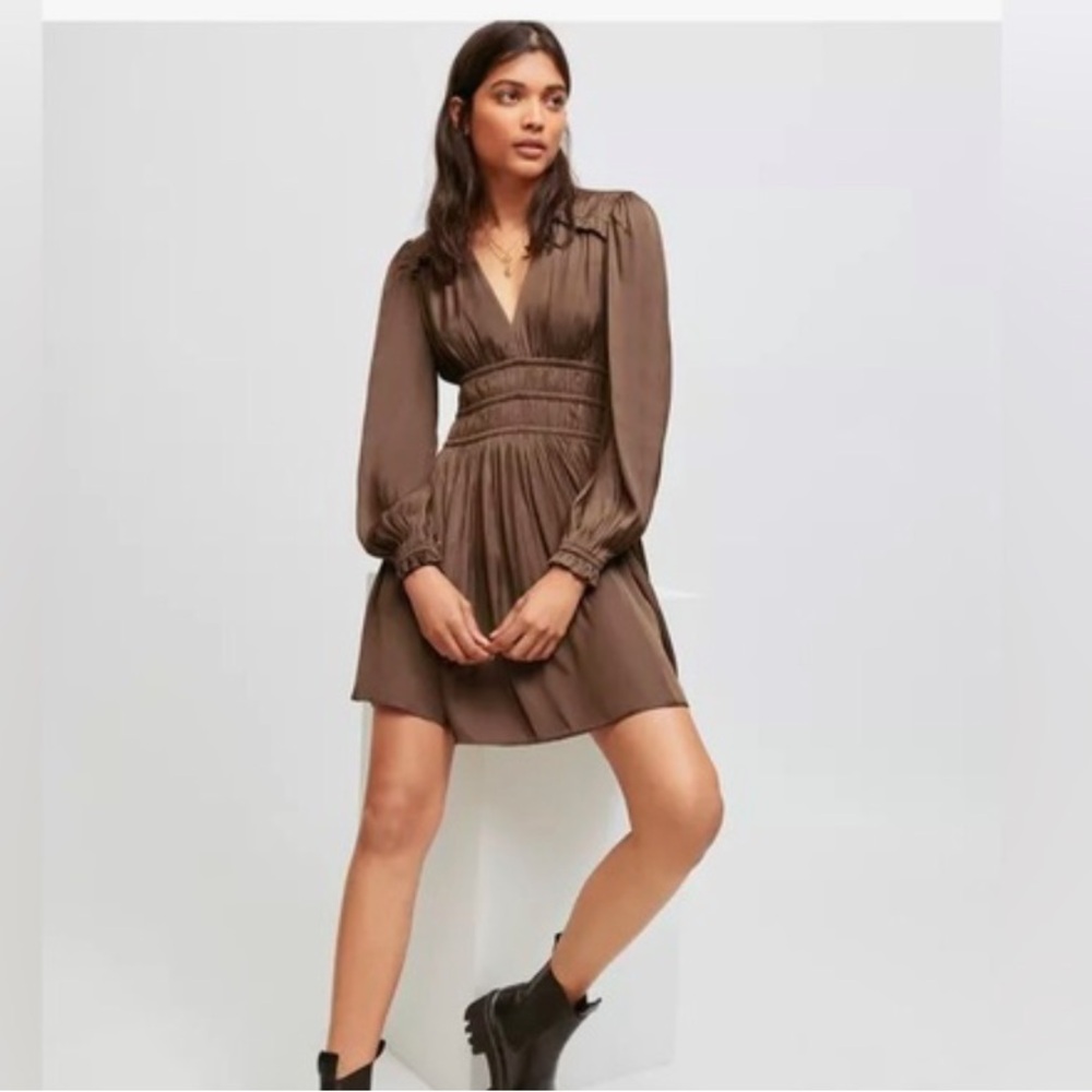 Maje brown SATIN DRESS WITH RUFFLES.